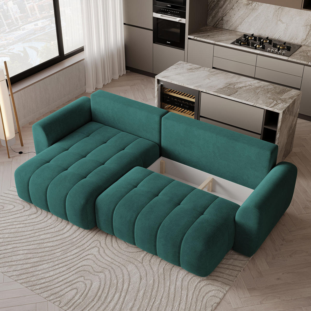 ECKSOFA MODARO CL Blau Samtstoff mit Schlaffunktion - Blau, Holzwerkstoff/Textil (285/148cm) - MASSENO