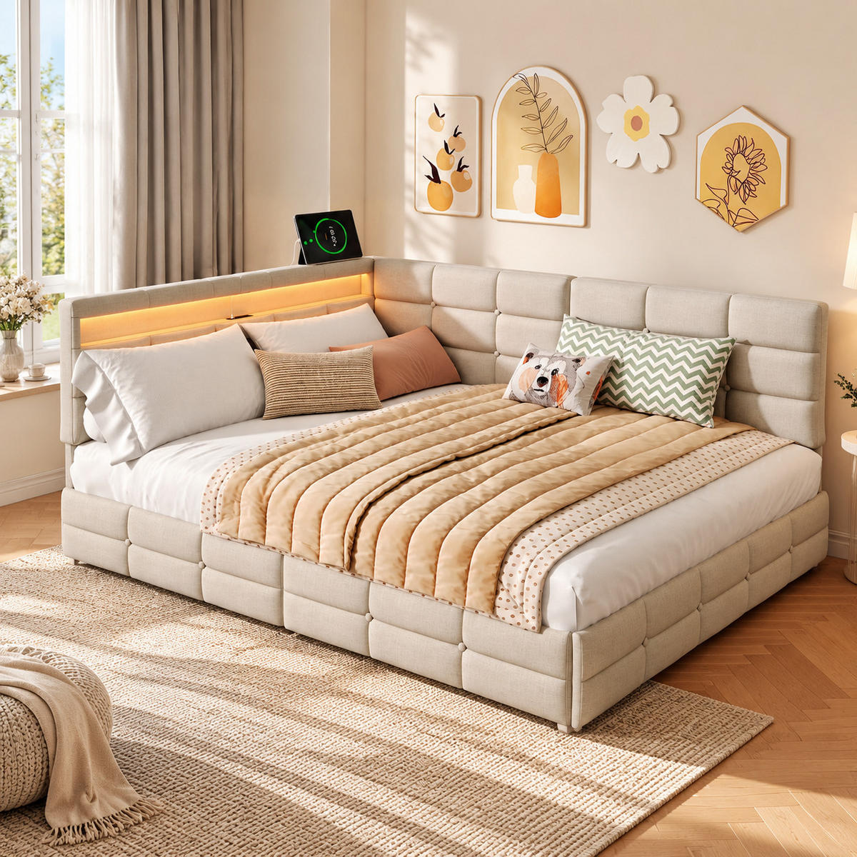 POLSTERBETT 140/190 cm, beiges Stoffbett mit LED-Kopfteil und Stauraum, modernes Einzel- und Jugendbett für Schlafzimmer - Beige, Holz/Metall (140/190cm) - Joyfair