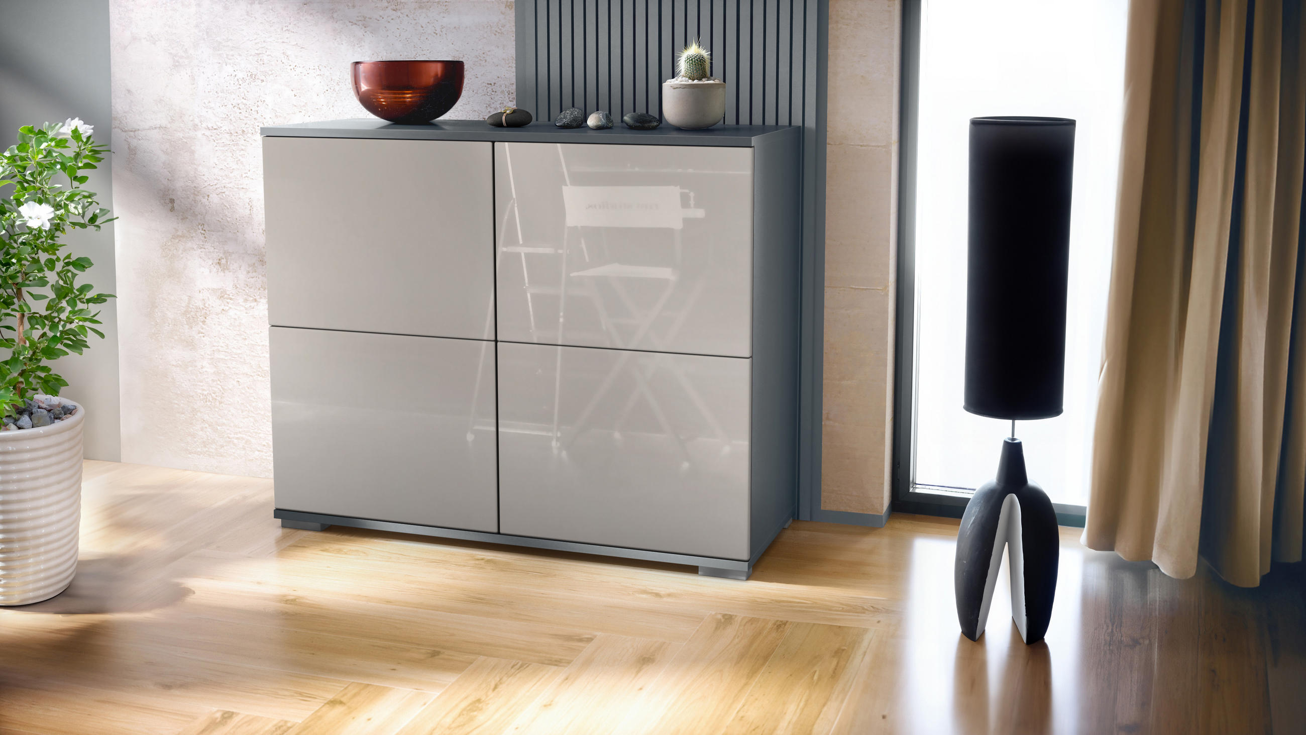 KOMMODE Rova Sandgrau Hochglanz - Sandfarben, Holzwerkstoff (92.5/75.5/35cm) - Vladon