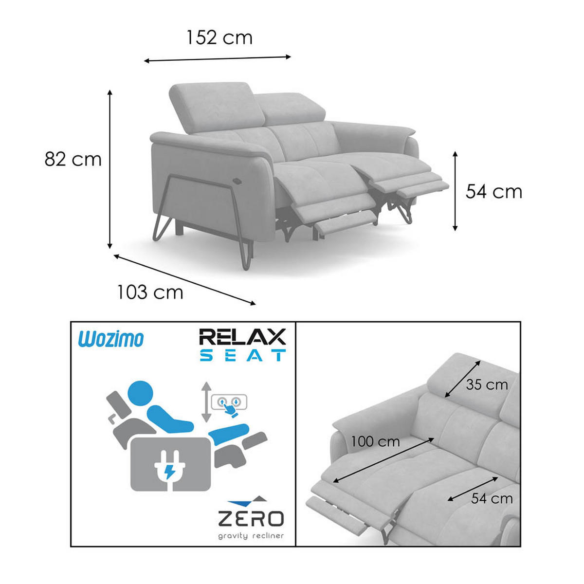 RELAXSOFA RODEN 2-Sitzer mit 2 Relax, creme, Veloursstoff - Creme, Holz/Textil (148/82/103cm) - Wozimo