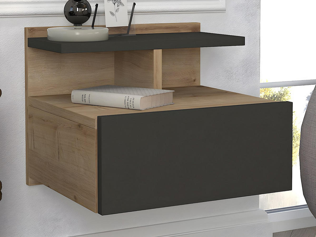 2ER-SET Nachttische hängend - 1 Schublade - Holzfarben & Anthrazit - AZELNO - Anthrazit, Holz (39.4/32/35cm) - Vente-Unique