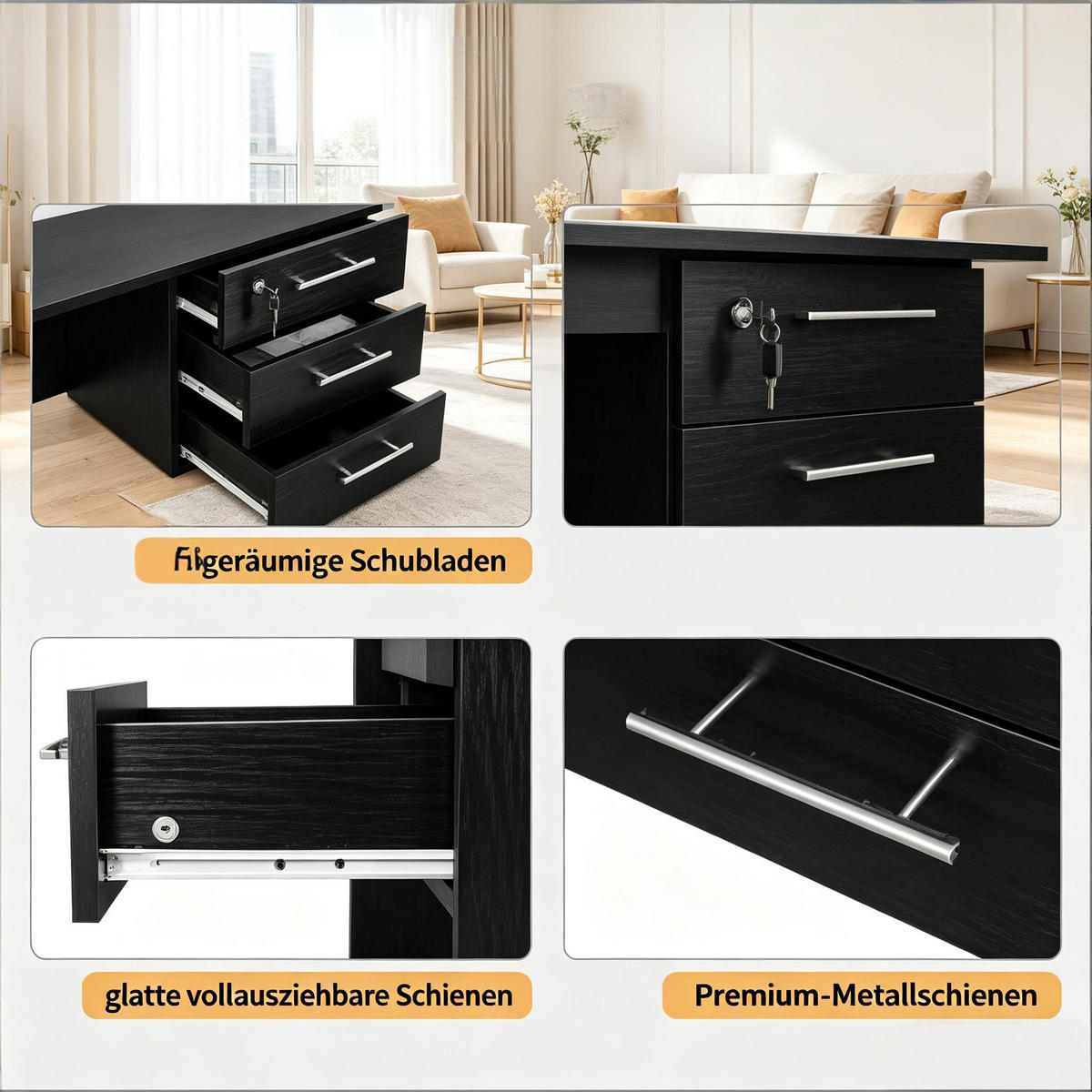 SCHREIBTISCH Schwarz 120/60/75 cm mit 3 Schubladen abschließbar kratzfest - Schwarz, Holz (60/120/75cm) - PANGIVO