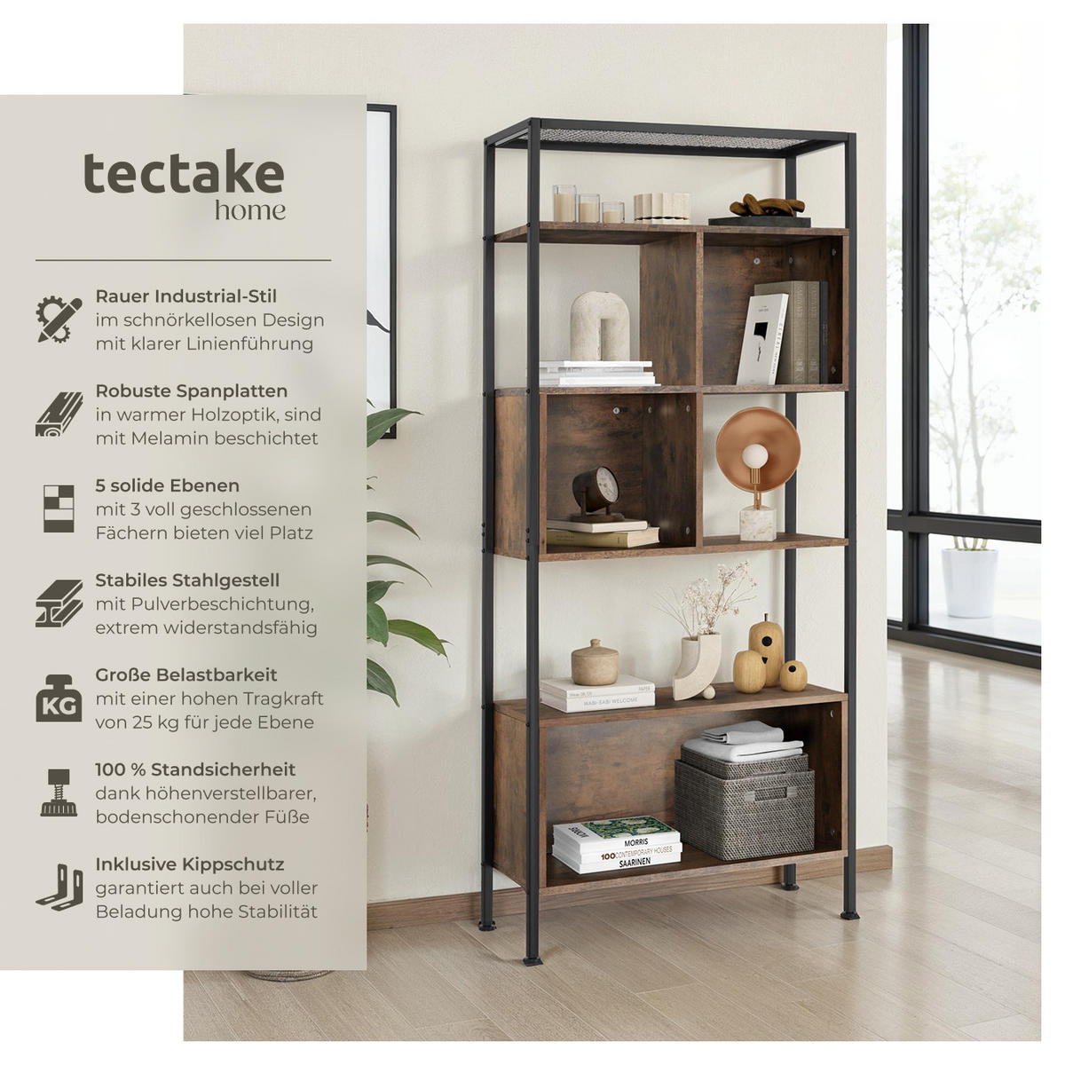 REGAL Hastings,inklusive Kippschutz, 75 x 31 x 170,5 cm,Industrial Holz dunkel, rustikal - Rostfarben, Holzwerkstoff (31/170.5/75cm) - tectake