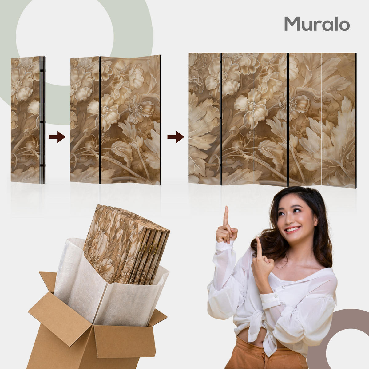 PARAVENT 5-tlg 225x172 cm Pusteblumen Boho - Grau, Holz/Textil (225/172/3cm) - Muralo