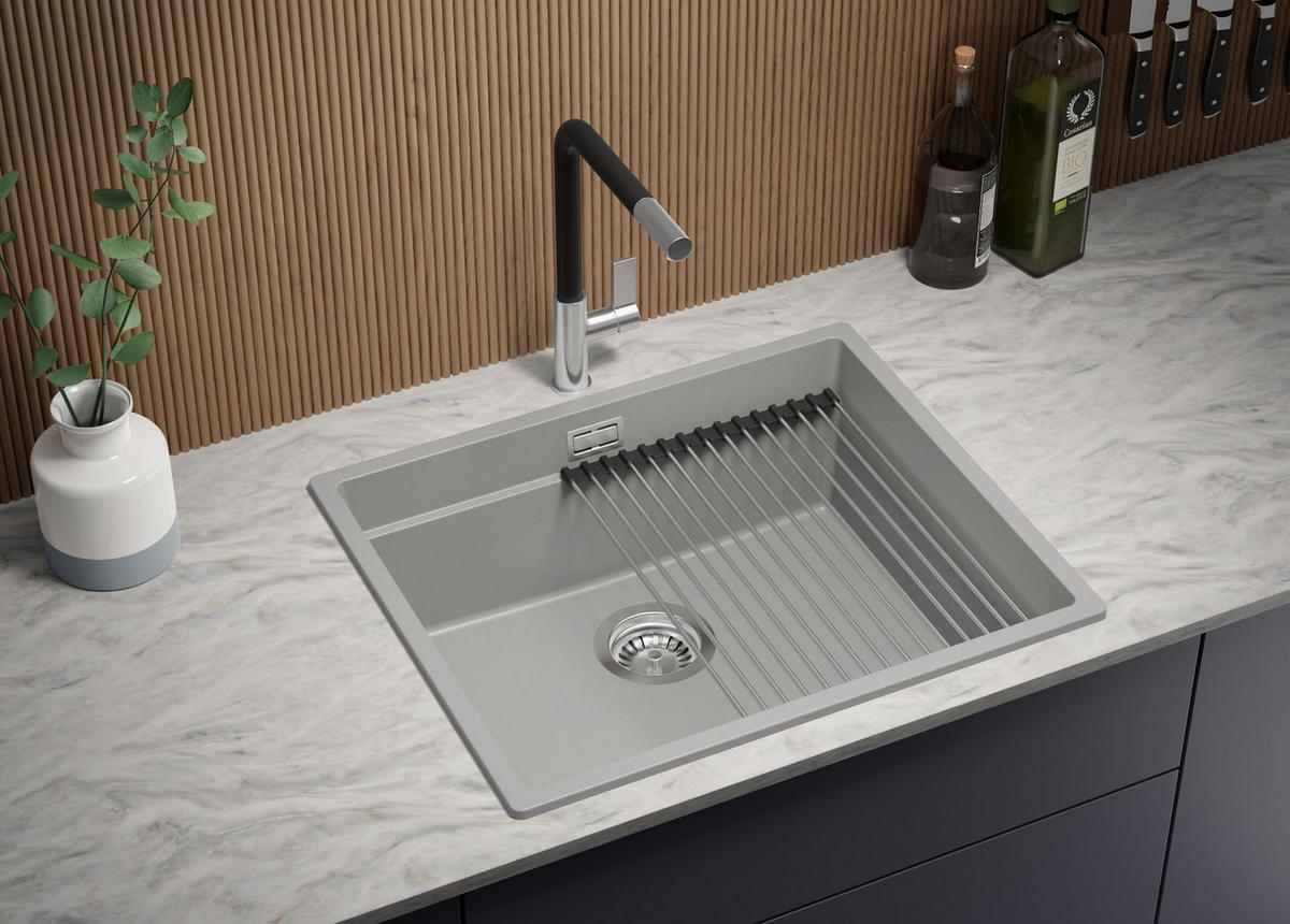 GRANITSPÜLE Praga Slim, 2-er set Grau 56/47 cm 1 Becken + Küchenarmatur 38/14 cm + Ablauf-Set + Aufrollbare Abtropffläche ab 60er Unterschrank - Chromfarben/Grau, Kunststoff (56/20/47cm) - Primagran