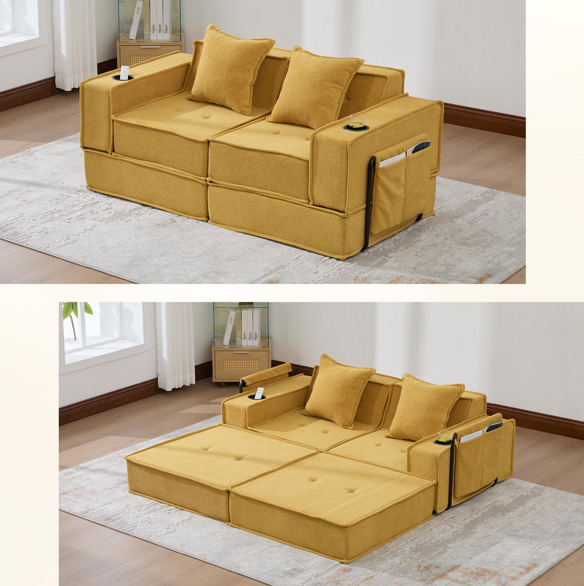 2-SITZER-SOFA 162/78/66 cm mit 2 Kissen, Seitentaschen und modularer Chenille-Polsterung, Senfgelb - Gelb, Textil (162/66/78cm) - Redom
