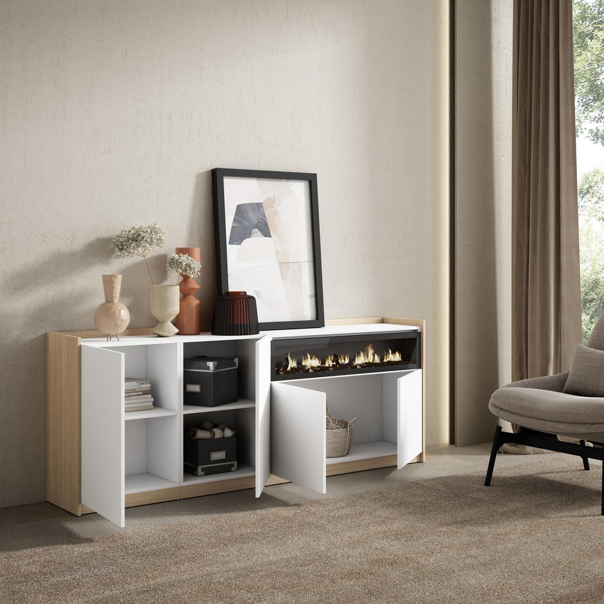 SIDEBOARD, Highboard, Weiß und Eiche Soft, Elektrokamin, 207/37/80cm - Weiß, Holzwerkstoff (207/80/37cm) - Skraut Home