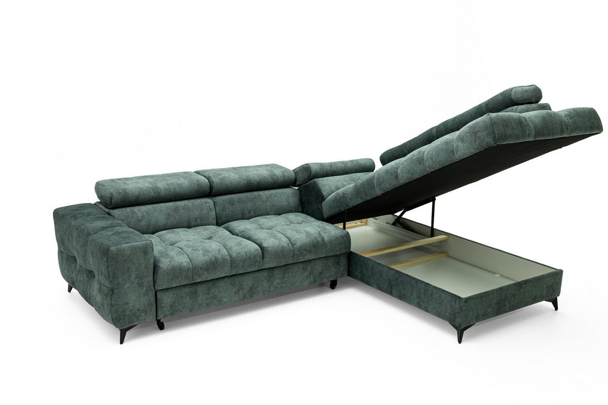 ECKSOFA PUDDING L Rechts mit Schlaffunktion 128x197 Velours Jadegrün - Jadegrün/Schwarz, Holz/Textil (204/270cm) - Muffo