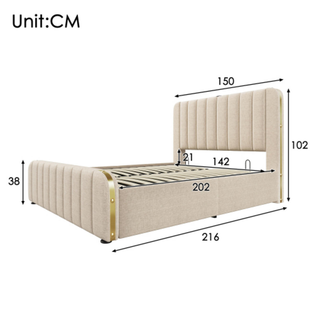 POLSTERBETT 140x200cm Doppelbett USB-C Hydraulik Goldstreifen Beige - Beige, Holz (140/200cm) - FLIEKS