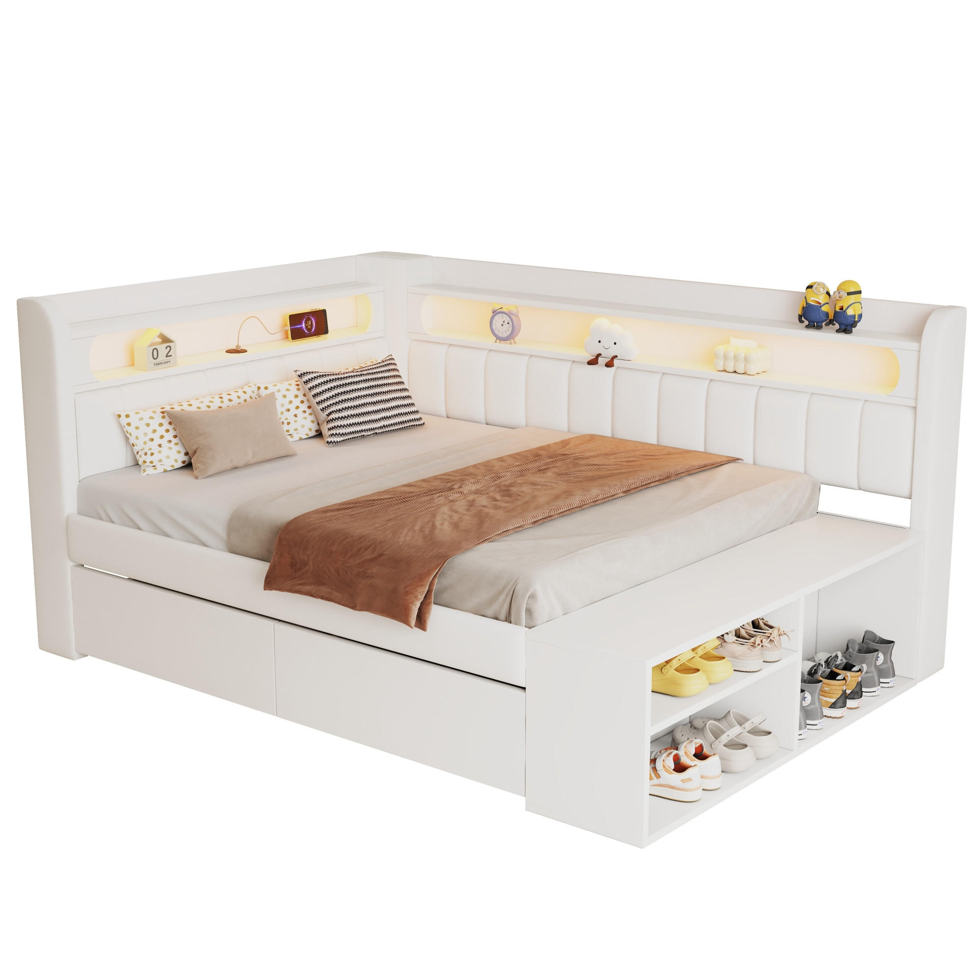 SCHLAFSOFA 90/200 cm mit LED-Beleuchtung, USB-Anschluss, 2 Schubladen und Schuhschrank, Weiß - Weiß, Holzwerkstoff (104/91.5/212.5cm) - Redom
