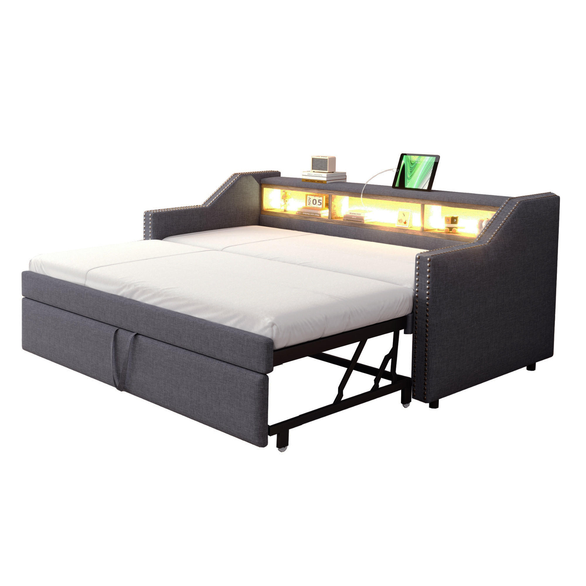 MULTIFUNKTIONSBETT 90/190 cm und 180/190 cm Dunkelgrau mit Staufach und LED-Beleuchtung Mit Matratze - Dunkelgrau, Textil (90/190cm) - OKWISH