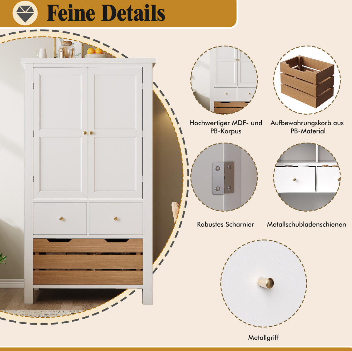 BUFFET 80/40/140 cm aus MDF mit 5 Schubladen Weiß - Weiß, Holzwerkstoff (80/140/40cm) - Modenvie