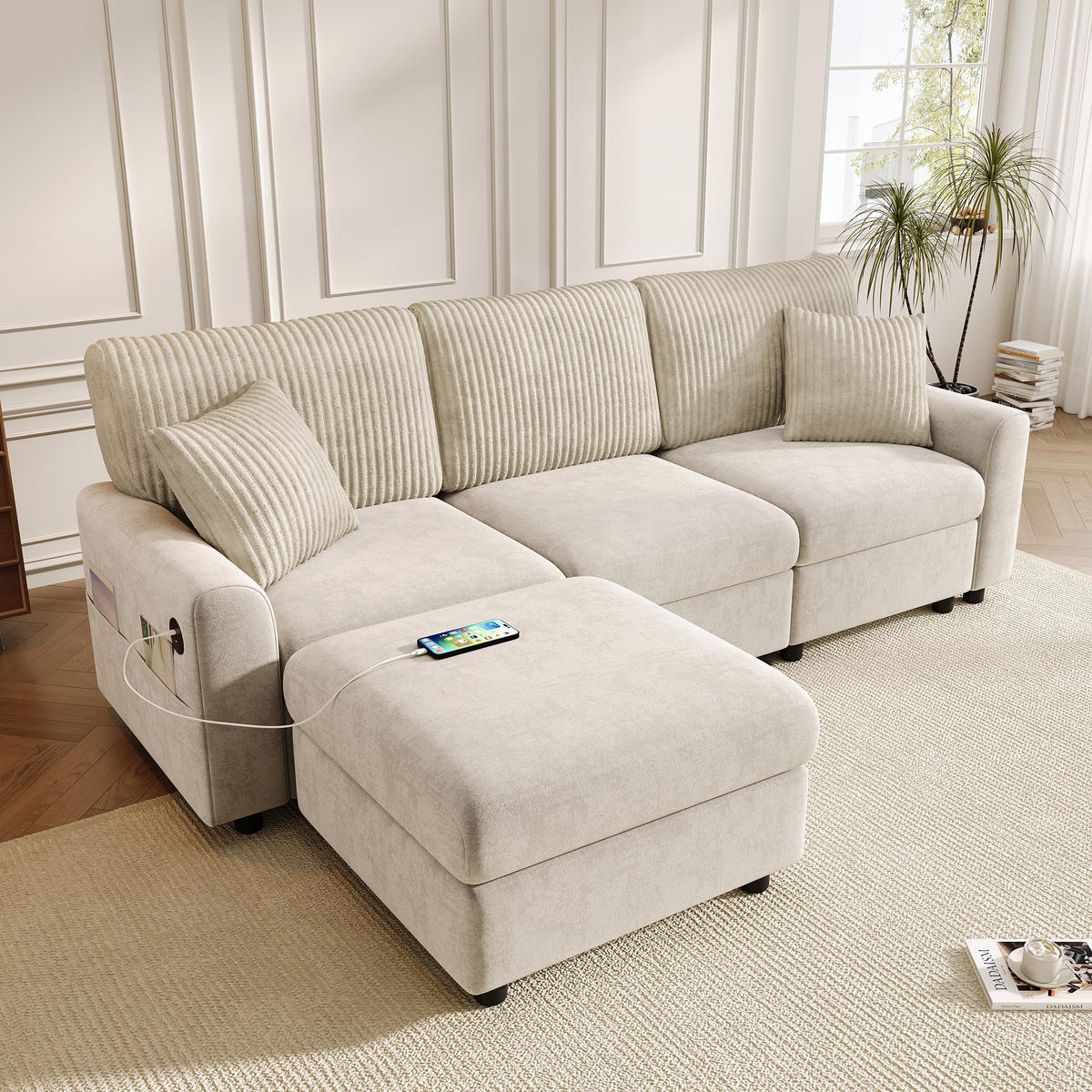 ECKSOFA 223/146/84 cm Beige mit 1 Fußhocker, 2 quadratischen Kissen, 1 USB-Anschluss und 1 Type-C-Anschluss - Beige, Textil (146/84/223cm) - Oxeza