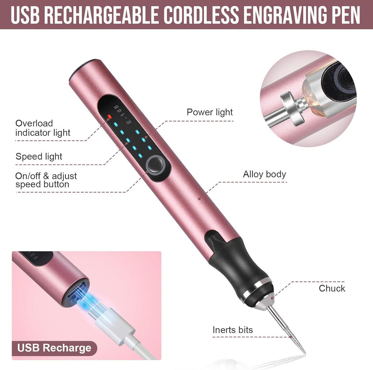 GRAVIERSTIFT – USB-wiederaufladbares Gravierwerkzeug-Set – Enthält 37 Spitzen und 5 Muster (Roségold) - Rot, Metall (21/14/4cm)