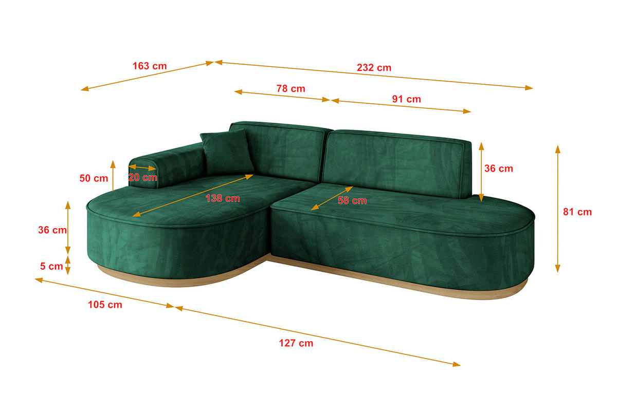 ECKSOFA Ottomane Links MARI-L1-v2 - 243x171x83 cm Grün Velours - Grün, Holzwerkstoff/Textil (243/171cm) - ALTDECOR