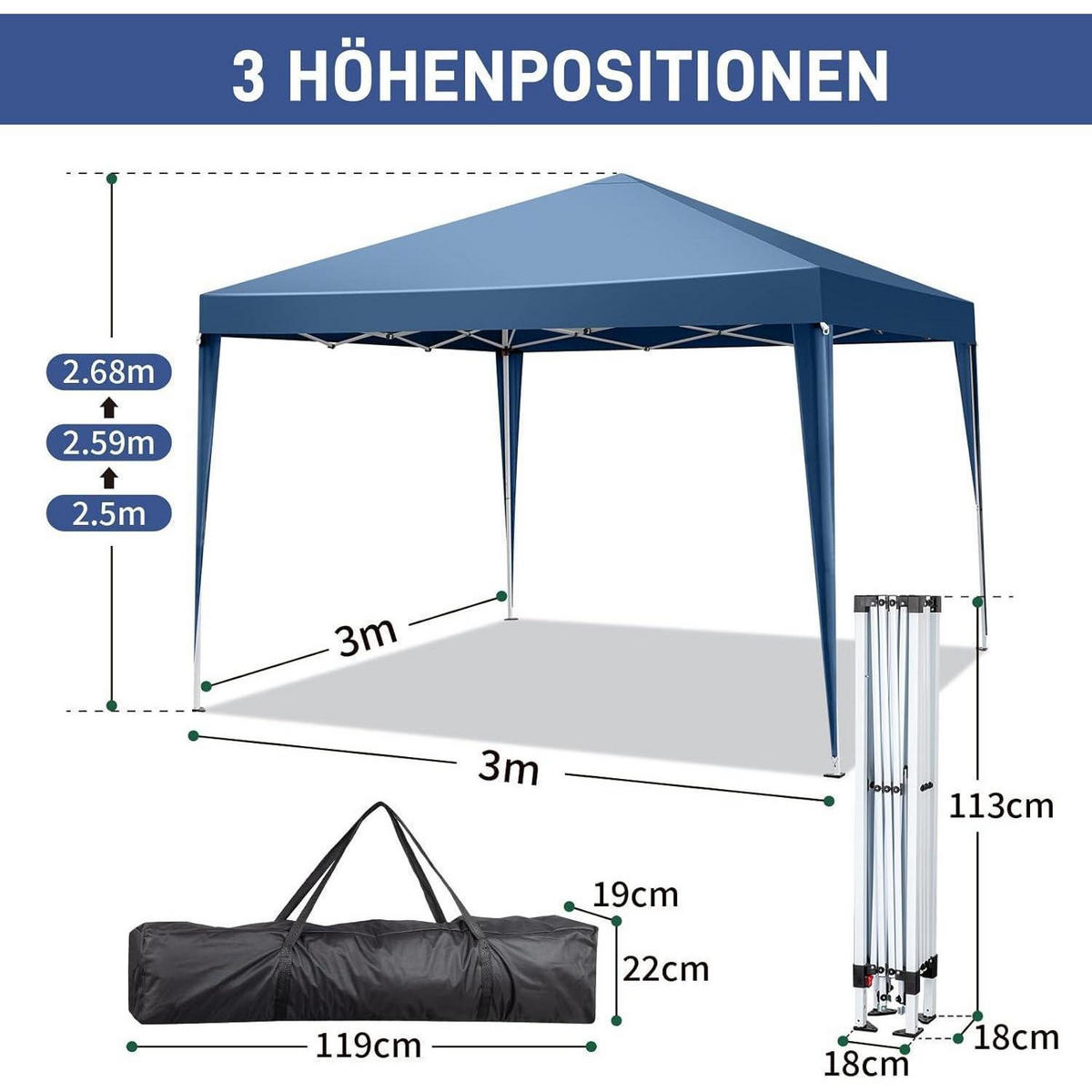 FALTPAVILLON 3x3m Pop-up Stahlrahmen Blau UV-Schutz 50+ - Blau, Textil (300/268/300cm)