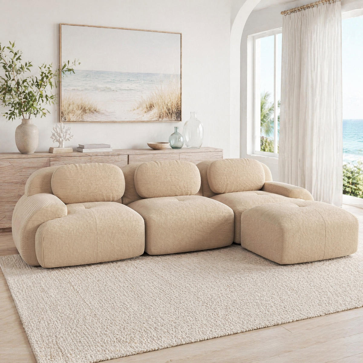 ECKSOFA Beige aus Cord, modular und montagefrei - Beige, Textil (178/298cm) - Flora Grace