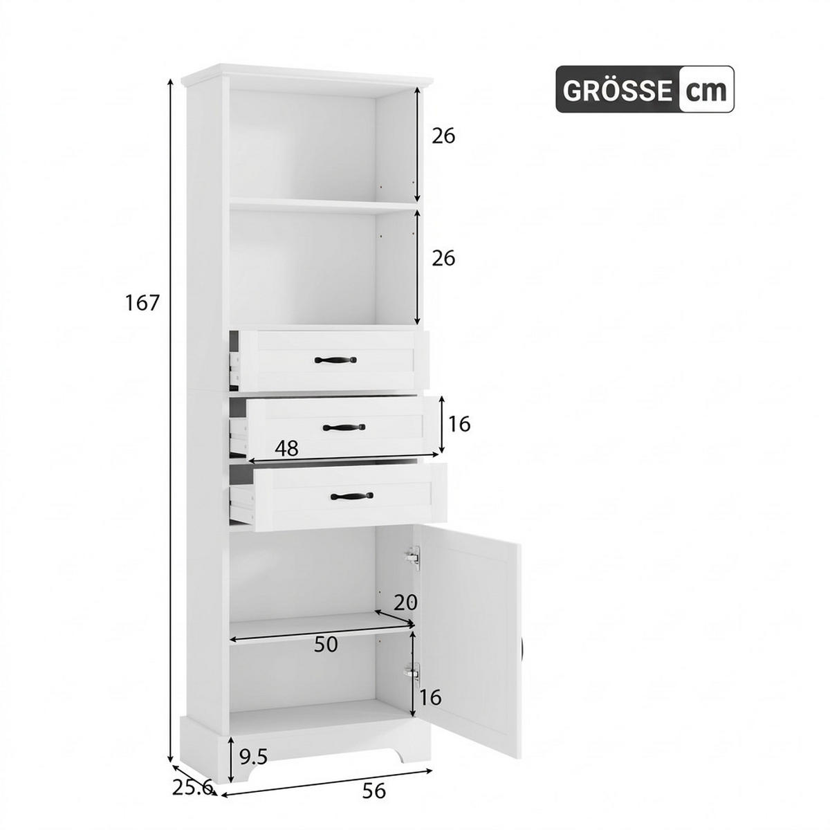 HOCHSCHRANK 56/25.6/167 cm Weiß mit 3 Schubladen, Staufach und offene Regale - Schwarz/Weiß, Holz/Holzwerkstoff (25.6/167/56cm) - Oxeza