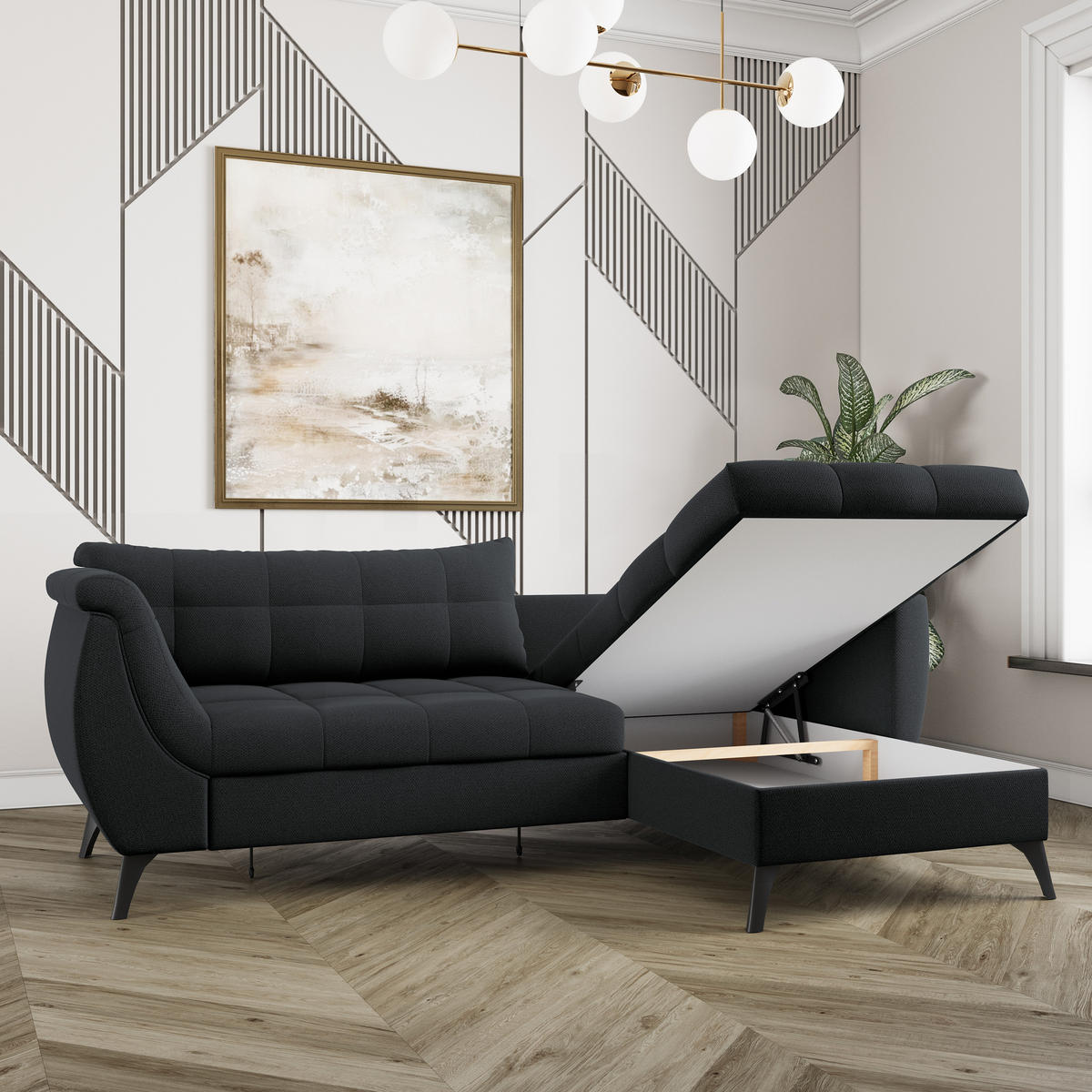 ECKSOFA MOLLIS Schwarz Geflochtener-Stoff mit Schlaffunktion - Schwarz, Holz (241/154cm) - MASSENO