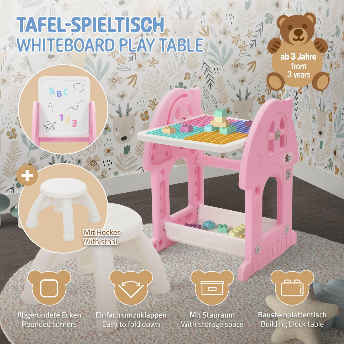 KINDERSPIELTISCH 2in1 mit Hocker Rosa-Weiß - Pink, Kunststoff (39/71/37.5cm) - Joyz