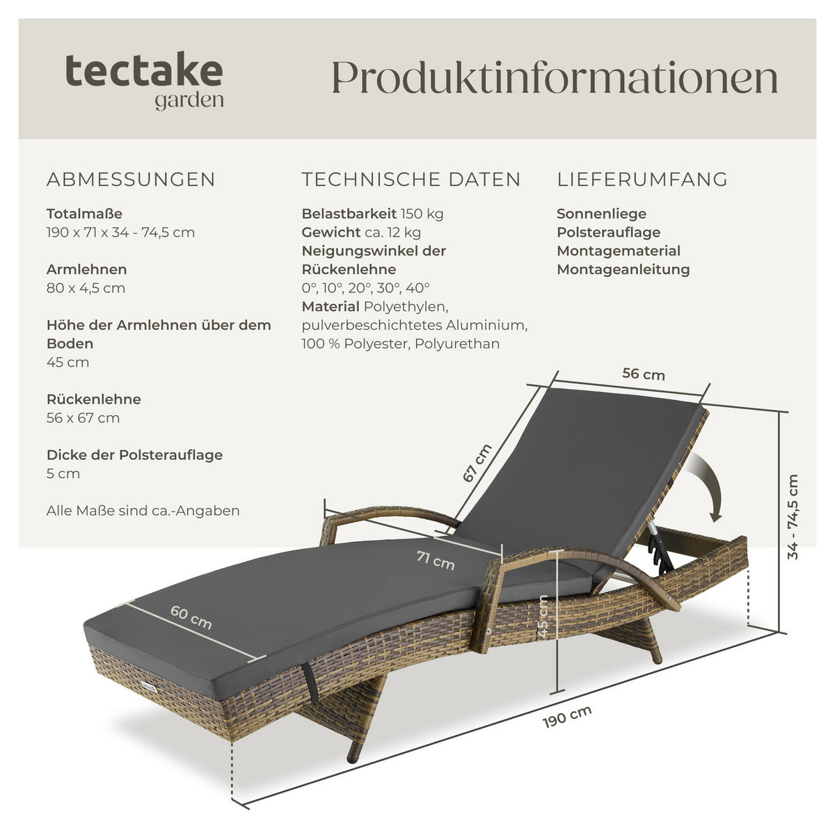RATTAN-SONNENLIEGE Océane,190 x 71 x 34 – 74,5 cm,natur - Naturfarben, Kunststoff (71/74.5/190cm) - tectake