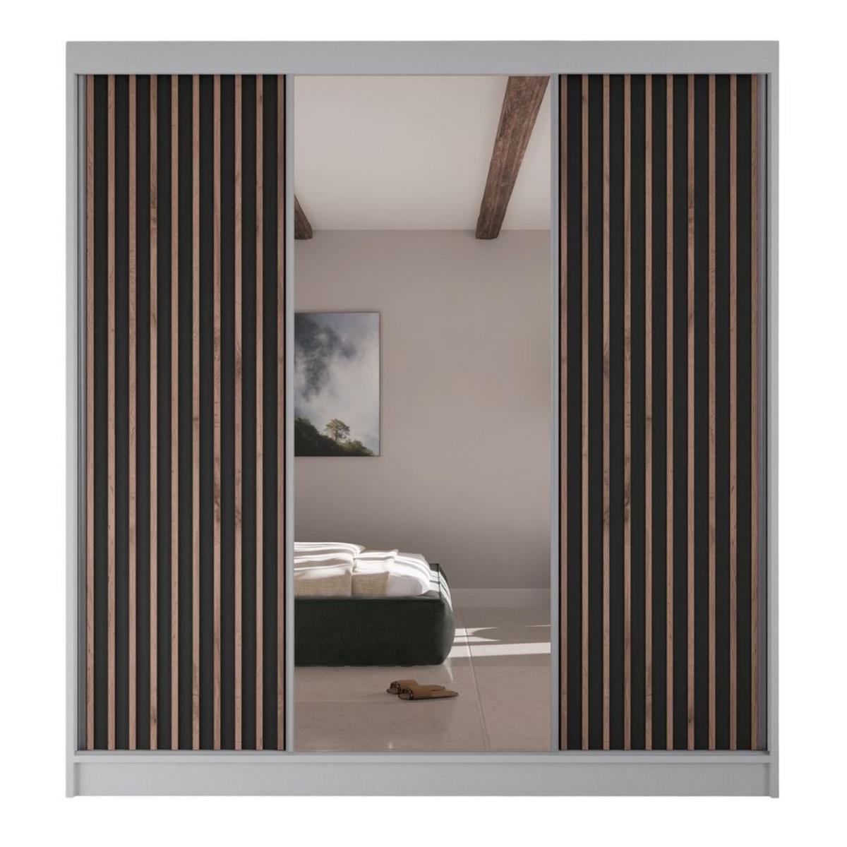 SCHWEBETÜRENSCHRANK Lami mit Spiegel und Lamellen, 215x200x61cm, Weiß+Schwarz - Schwarz/Weiß, Holzwerkstoff (200/215/61cm) - AN Furniture Store