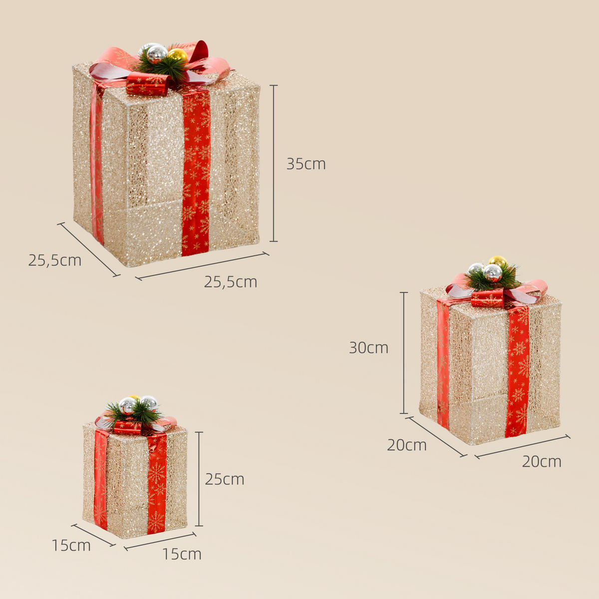 WEIHNACHTS-GESCHENKBOXEN-SET für Innen- und Außendekoration, mit 58 LED-Lichtern, Goldton - Goldfarben, Kunststoff/Metall (25.5/35/25.5cm) - Outsunny