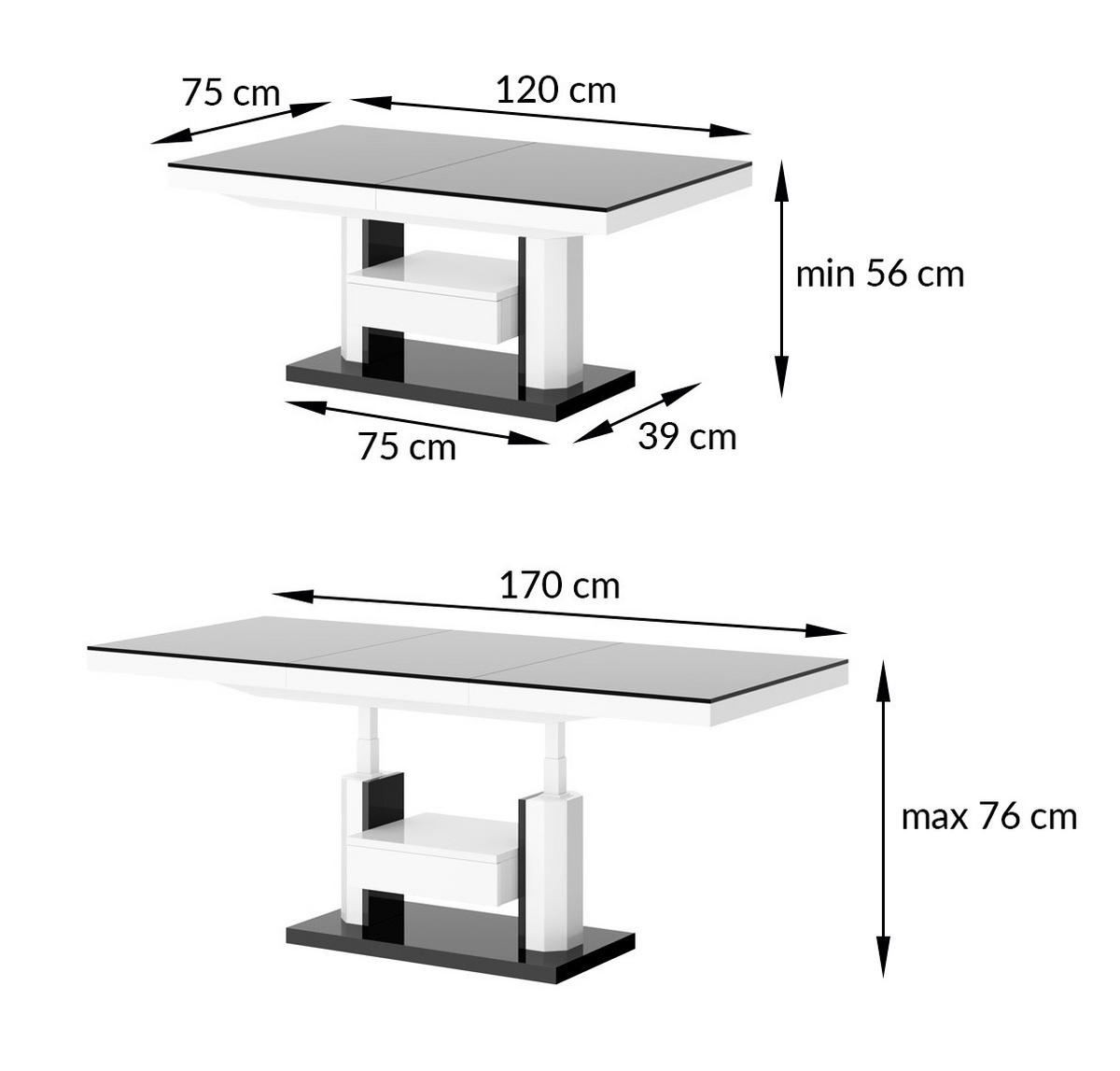 COUCHTISCH rechteckig höhenverstellbar ausziehbar Schublade 120/75/56 cm - Weiß Hochglanz/Hellgrau, Holzwerkstoff (75/120/56cm) - designimpex