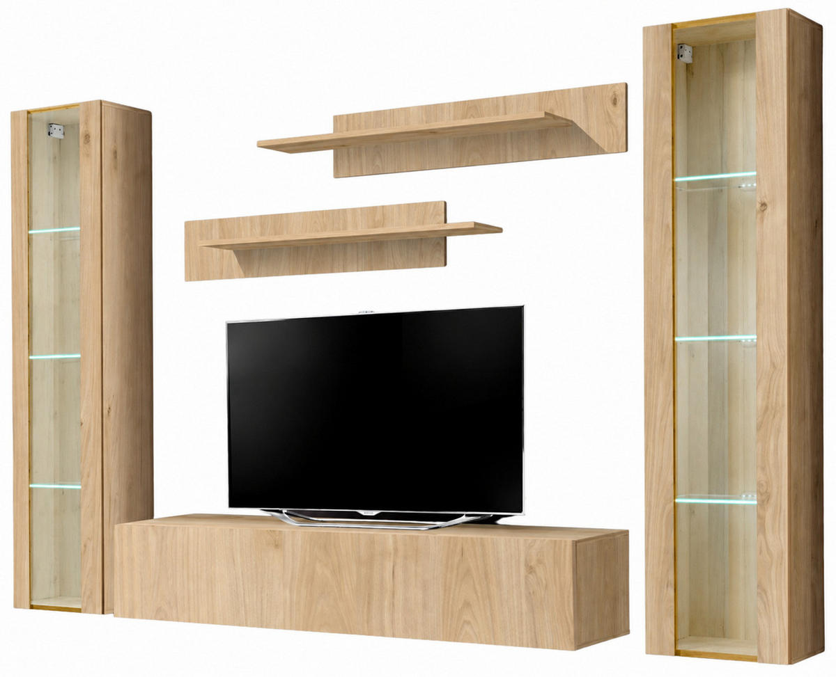 WOHNWAND Eiche Jackson 5-teilig 260 cm, Schrankwand hängend mit LED und Push-to-Open - Eichefarben, Glas/Holzwerkstoff (260/170/40cm) - Inn.Furn
