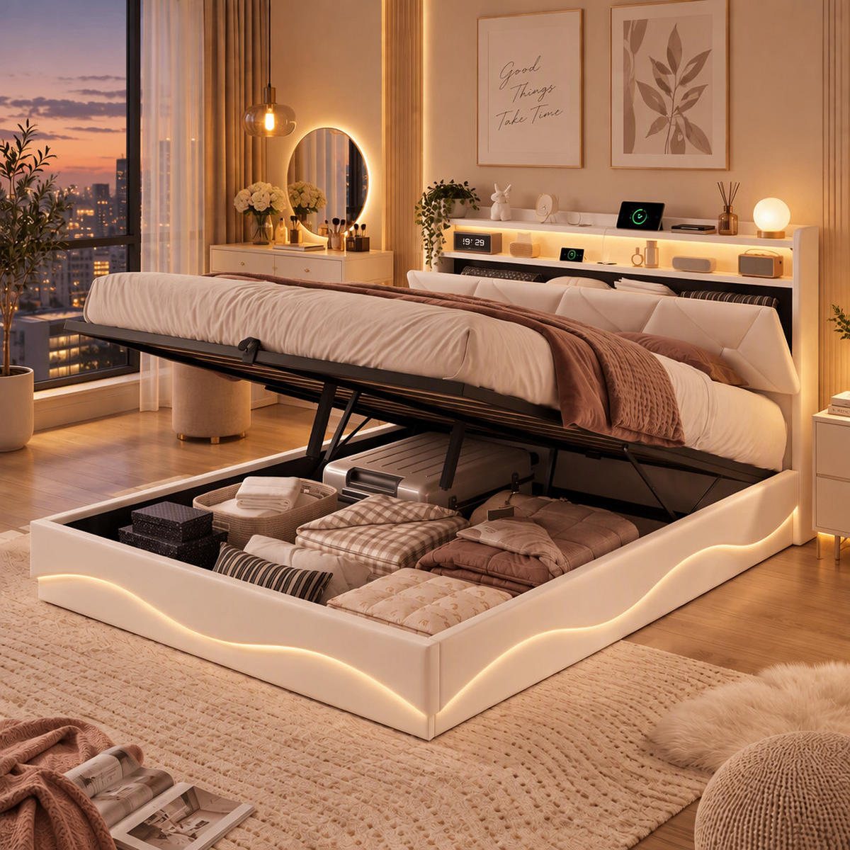 POLSTERBETT 140/200 cm,Doppelbett Beige mit Stauraum,LED RGB,Ladefunktion，Samt - Beige/Naturfarben, Holz/Textil (140/200cm) - FURNISHINGS HOME
