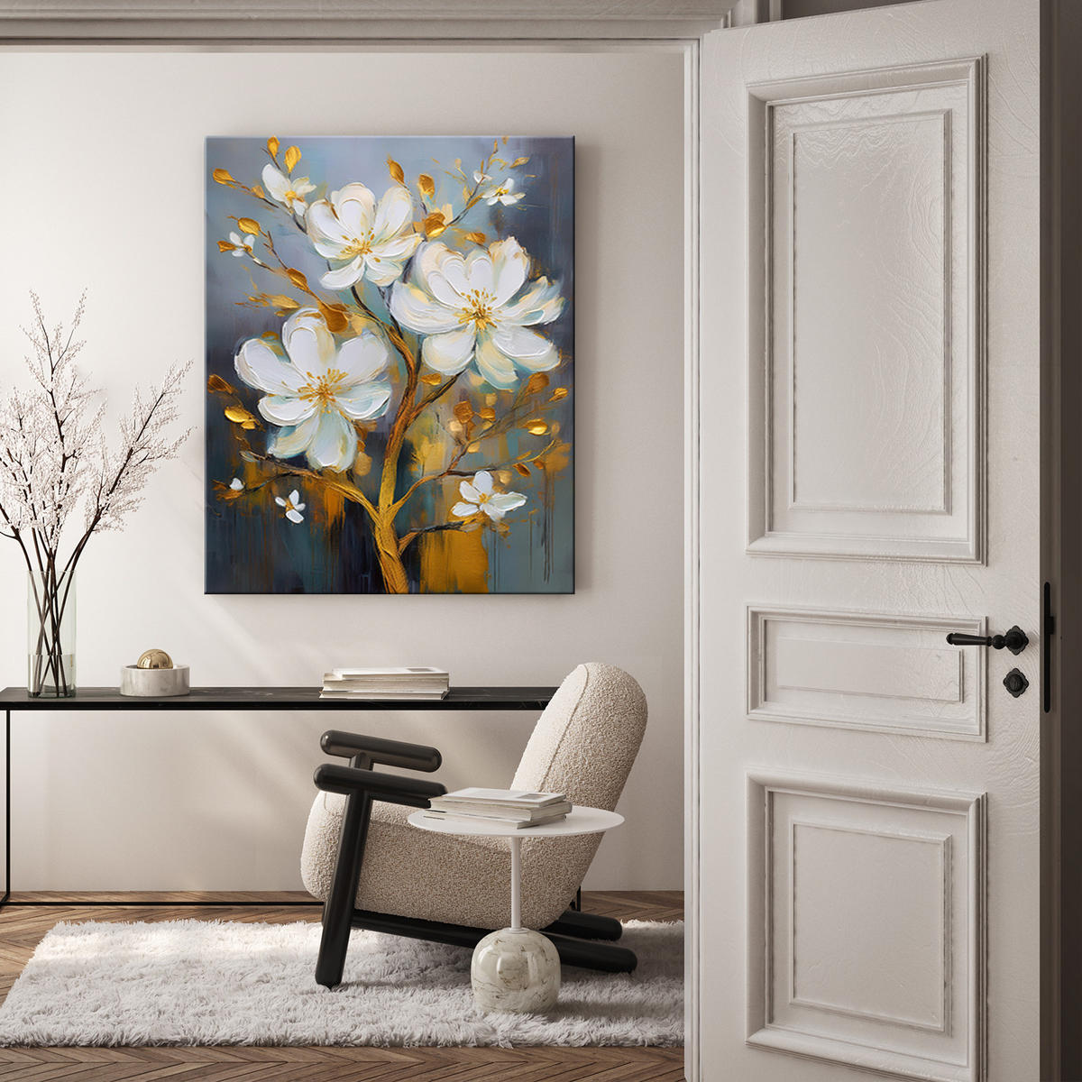 WANDBILD weiß gold gemalte blumen - Weiß, Textil (40/60cm) - Feeby