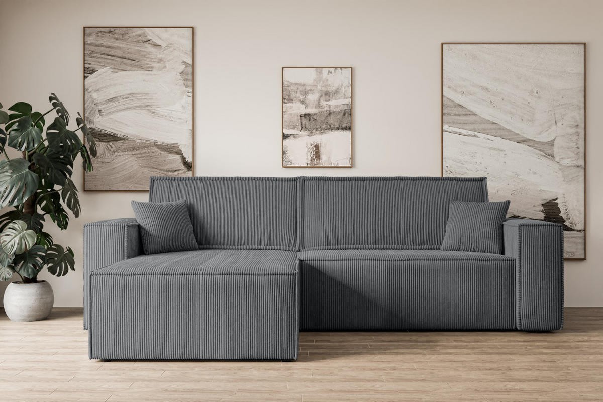 ECKSOFA mit Schlaffunktion und Bettkasten CELTIC-XL - 277x143x83 cm Dunkelgrau Cord - Dunkelgrau/Schwarz, Holzwerkstoff/Kunststoff (277/143cm) - ALTDECOR