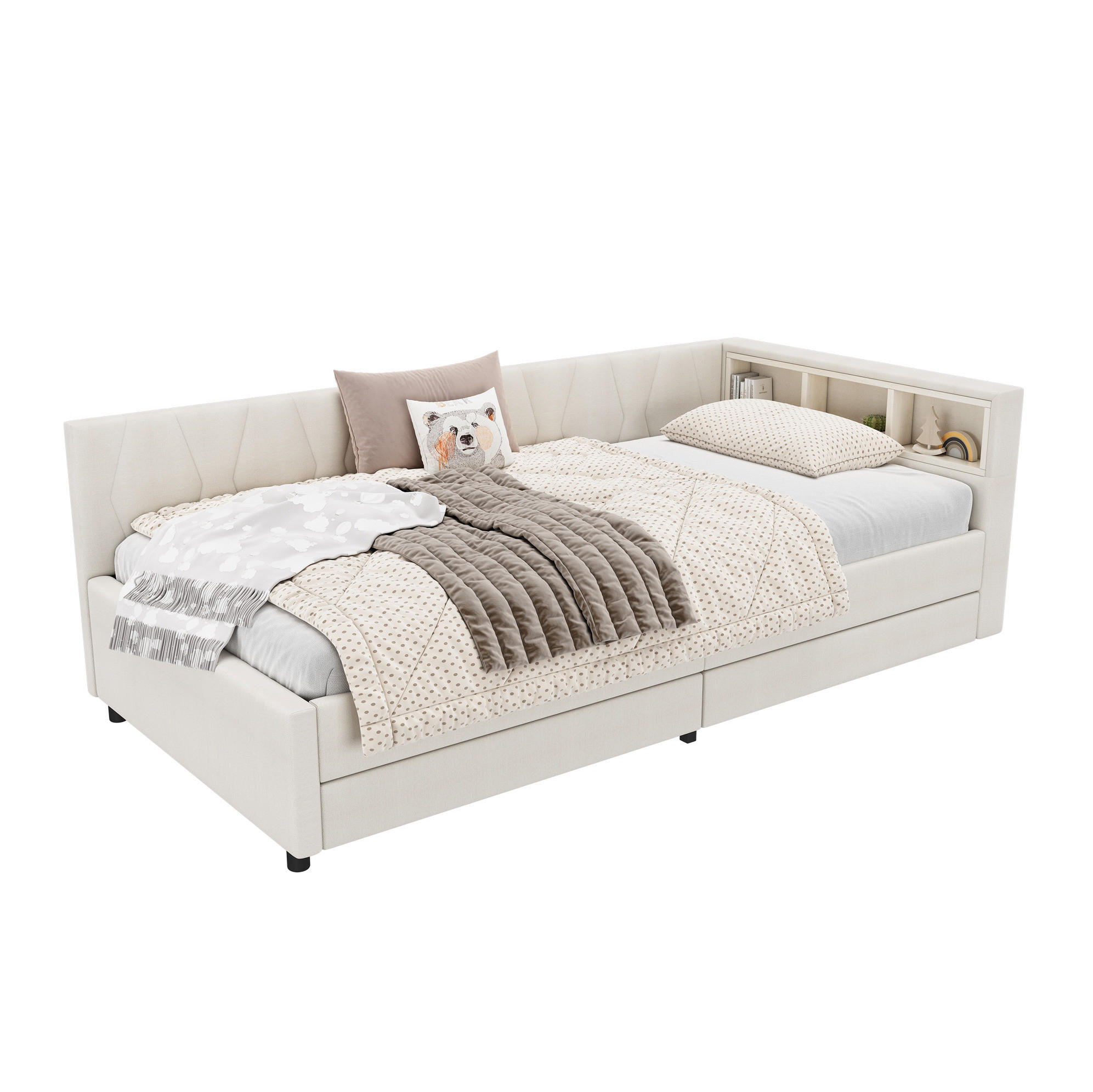 TAGESBETT 90/200 cm aus Leinen und MDF mit LED-Beleuchtung, USB-C, Ablagefächern und 2 Schubladen, Beige - Beige, Textil (90/200cm) - Redom