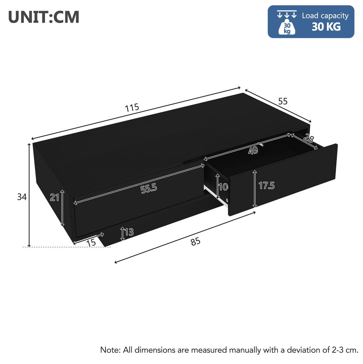 COUCHTISCH aus Spanplatte 115x55x34 cm Schwarz mit 2 Schubladen, LED-Beleuchtung und Hochglanzoptik - Schwarz, Holzwerkstoff (115/55/34cm) - Modfu