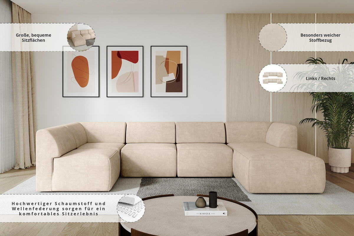 WOHNLANDSCHAFT Ottomane Rechts MOVA 345x180x78 Beige Samt - Beige/Schwarz, Holzwerkstoff/Kunststoff (345/78/180cm) - ALTDECOR