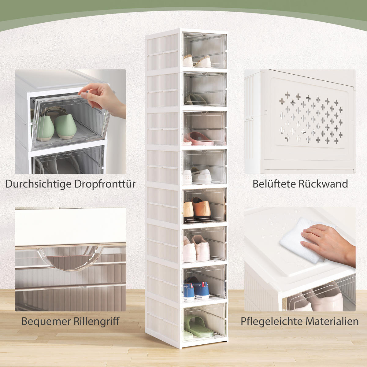 SCHUHBOXEN Stapelbare, Faltbar 8 Stück Schuh-Organizer mit Transparenten Türen - Weiß, Kunststoff (26/140/35cm) - HOMCOM