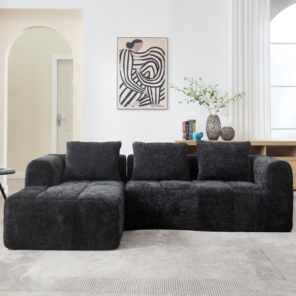 ECKSOFA 250/158/60 cm Schwarz mit Seitentasche - Schwarz, Textil (250/158cm) - Oxeza