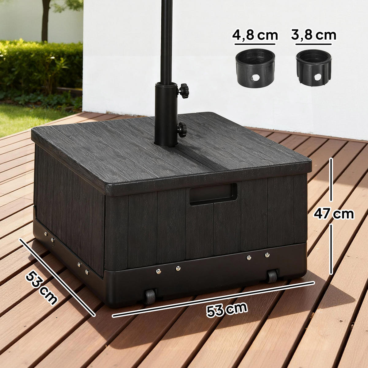 SONNENSCHIRMSTÄNDER mit Griff, Rollen, Hochbeet, bis 80 kg Sand befüllbar für Ø38/48 mm Schirmstangen Schwarz - Schwarz, Kunststoff (53/53cm) - Outsunny