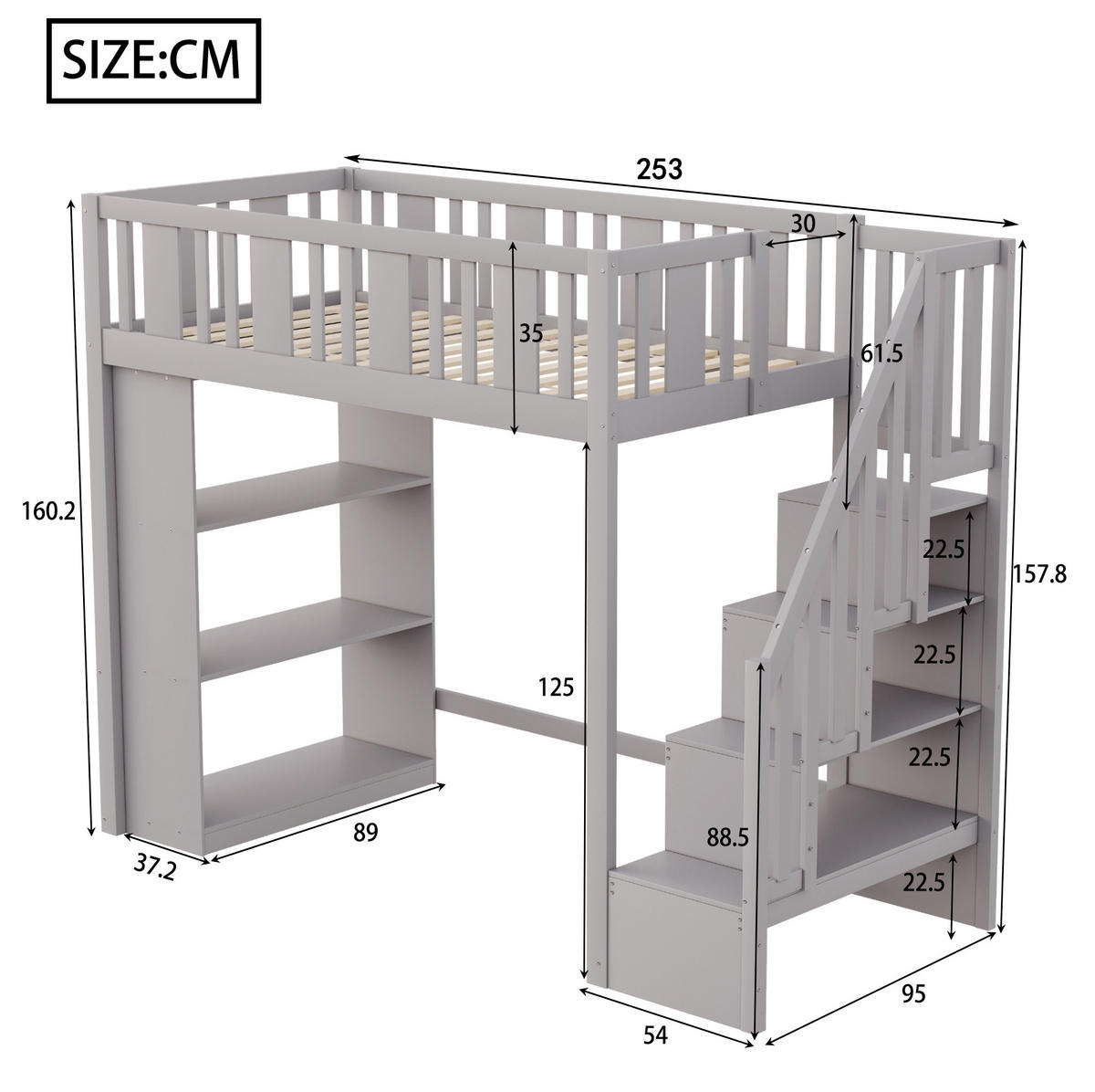 HOCHBETT 90/200 cm mit Stauraumtreppe, 3 Staufächern und Sicherheitsgeländer, Grau - Grau, Holzwerkstoff (90/200cm) - Redom