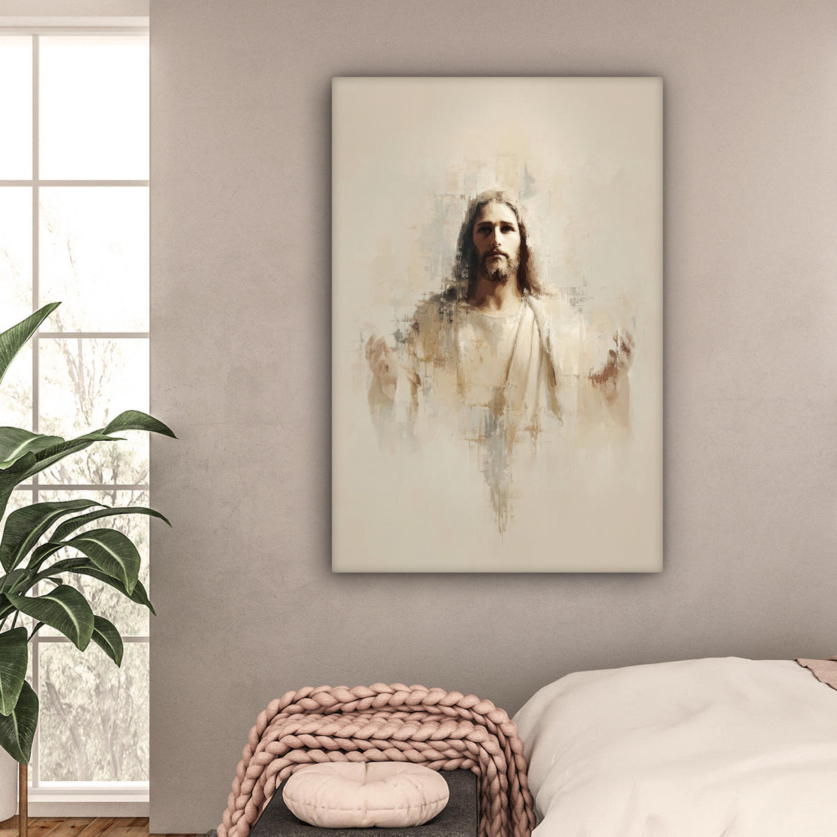 LEINWANDBILD Porträt - Abstrakt - Jesus - Beige Deko XXL 80x120 cm - Beige, Textil (80/120cm) - MuchoWow