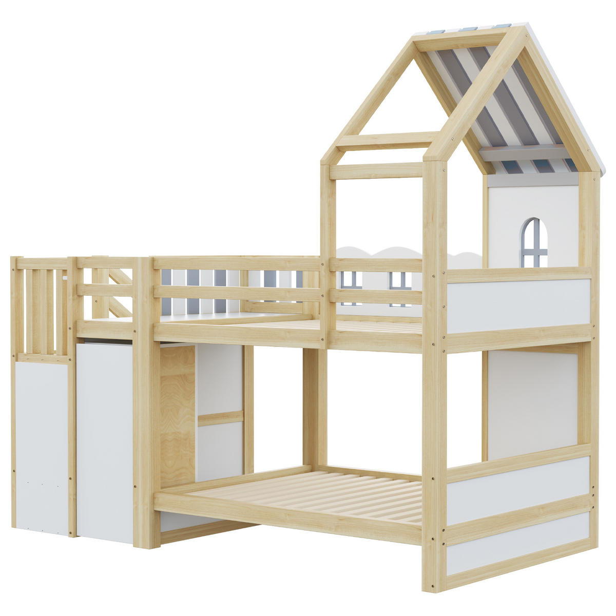 ETAGENBETT 90/200 cm in Weiß/Grau/Holz mit Stauraumleiter, Schubladen und Regalen aus Holz - Weiß/Naturfarben, Holz/Holzwerkstoff (90/200cm) - CHICFURN