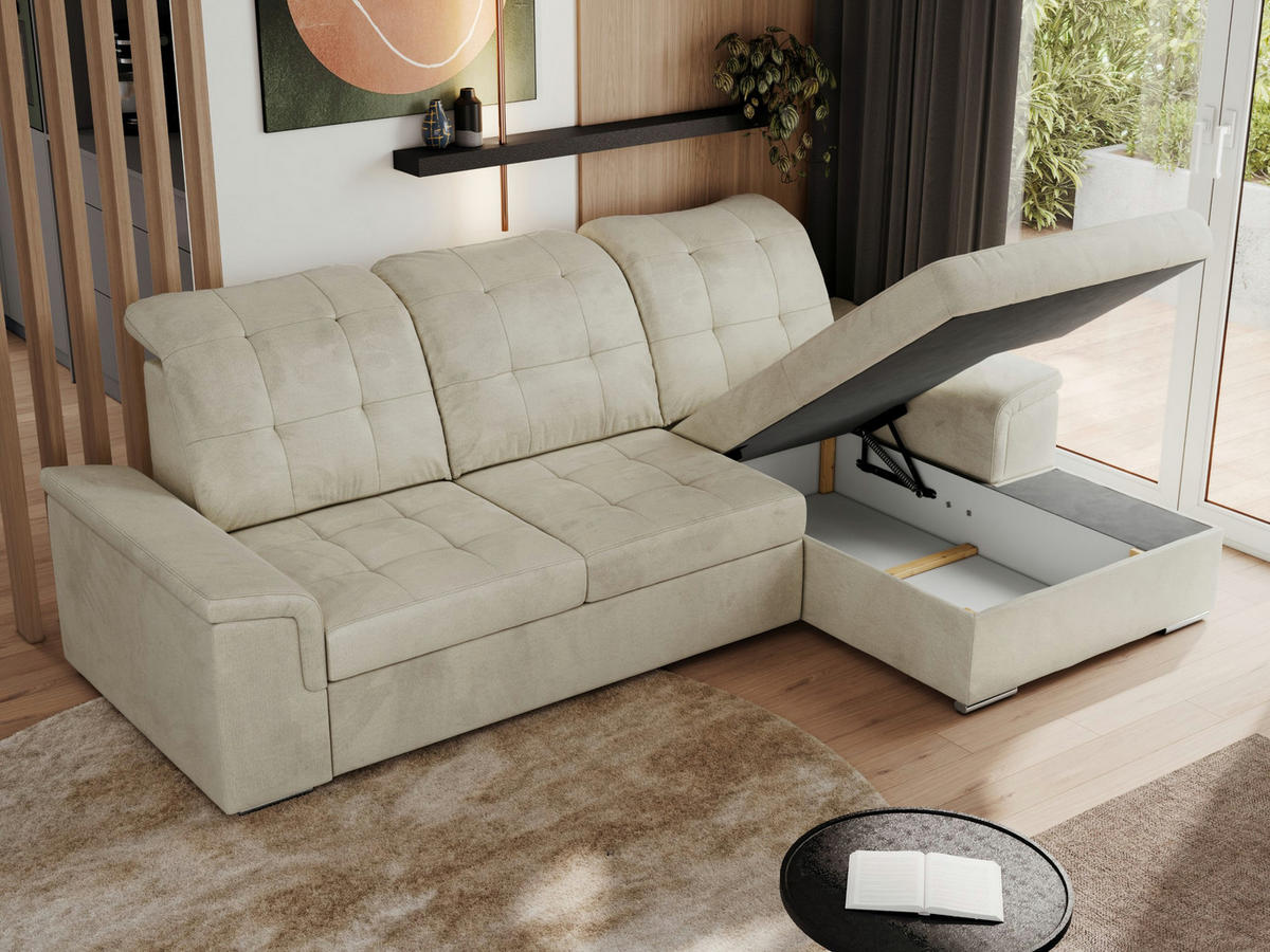 ECKSOFA MADRITO L - Beige Velorus - Rechts - Beige/Silberfarben, Textil/Metall (256/160cm)