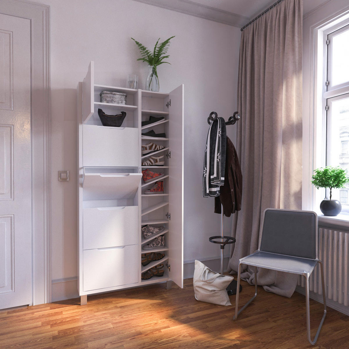 SCHUHSCHRANK mit Spiegeltür - Weiß - Weiß, Holzwerkstoff (85/185/17cm) - home24