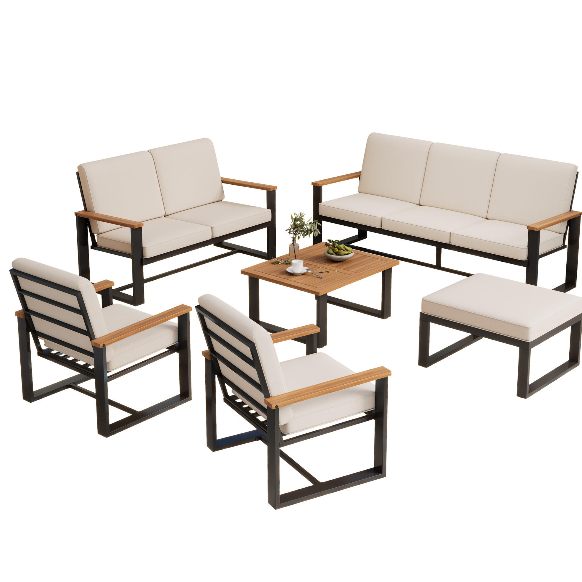 GARTENSET aus Akazie und verzinktem Stahl Beige mit 3-Sitzer, 2-Sitzer, 2 Sesseln, Couchtisch und Hocker - Beige, Metall - Modfu