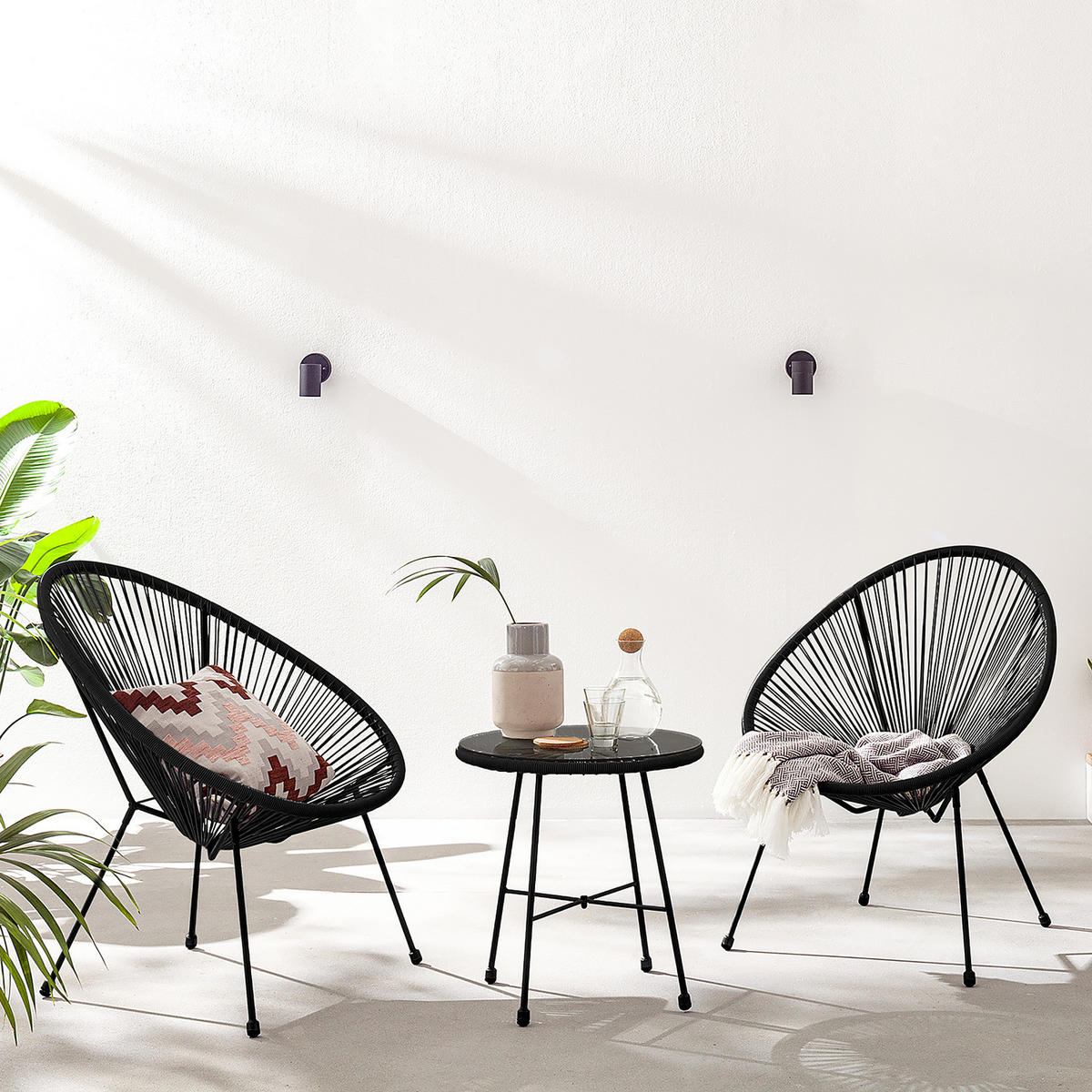 SITZGRUPPE - Stahl / Polyrattan - 3-teilig - Schwarz, Naturmaterialien/Glas - home24