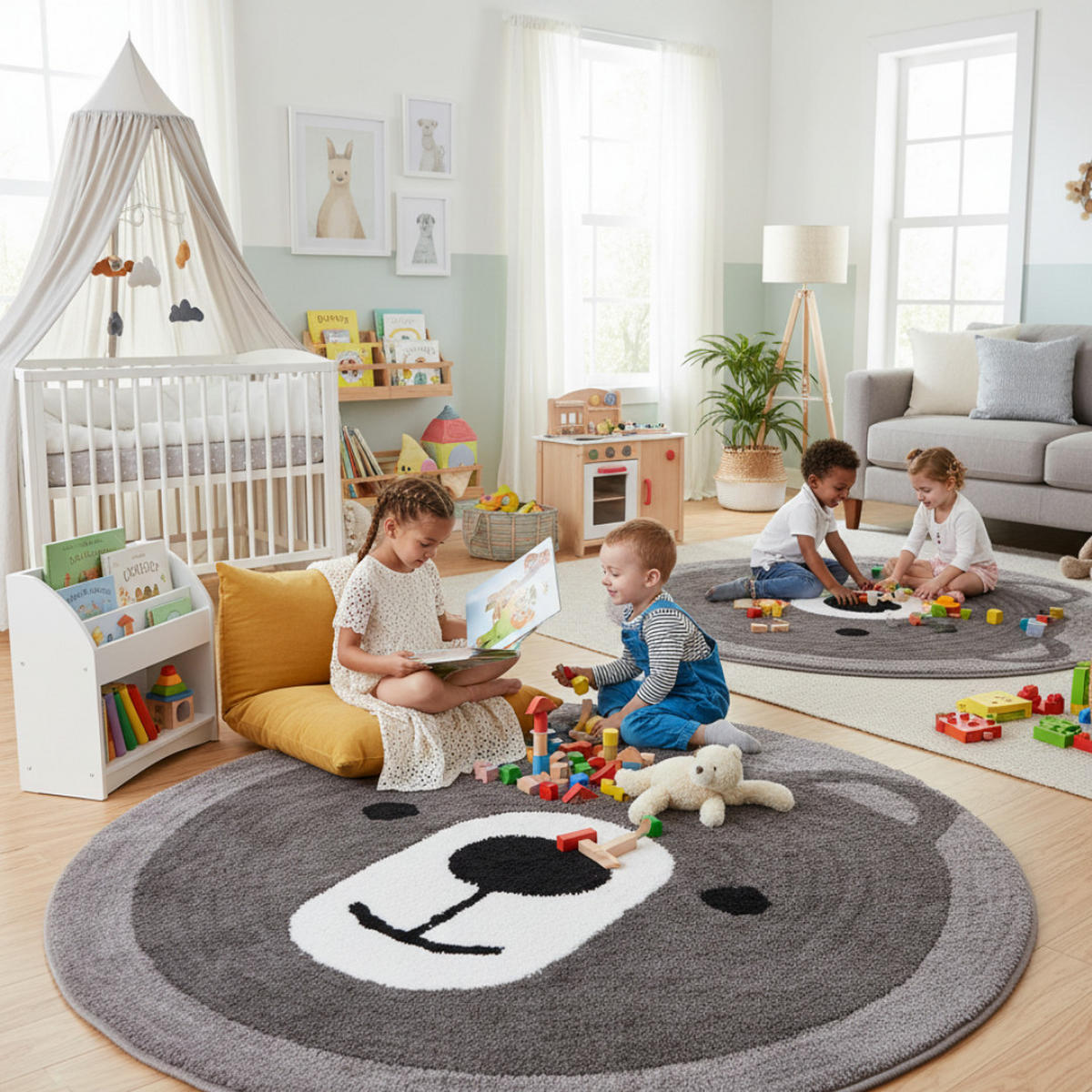 KINDERTEPPICH Bär Rund, Ø100 cm, Grau, Weich, Waschbar, Spielteppich, Kinderzimmer, Babyzimmer, Rutschfest, Deko, Kuschelig, Tiermotiv, Pflegeleicht - Grau, Textil (100/100cm) - JUNG