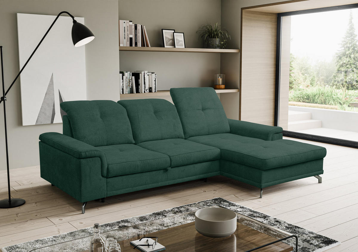 ECKSOFA PANAMA mit Schlaffunktion und Bettkasten, Farbe: Grün, Velourstoff, Ottomane Rechts - Grün, Textil (270/180cm) - VENASI MÖBEL
