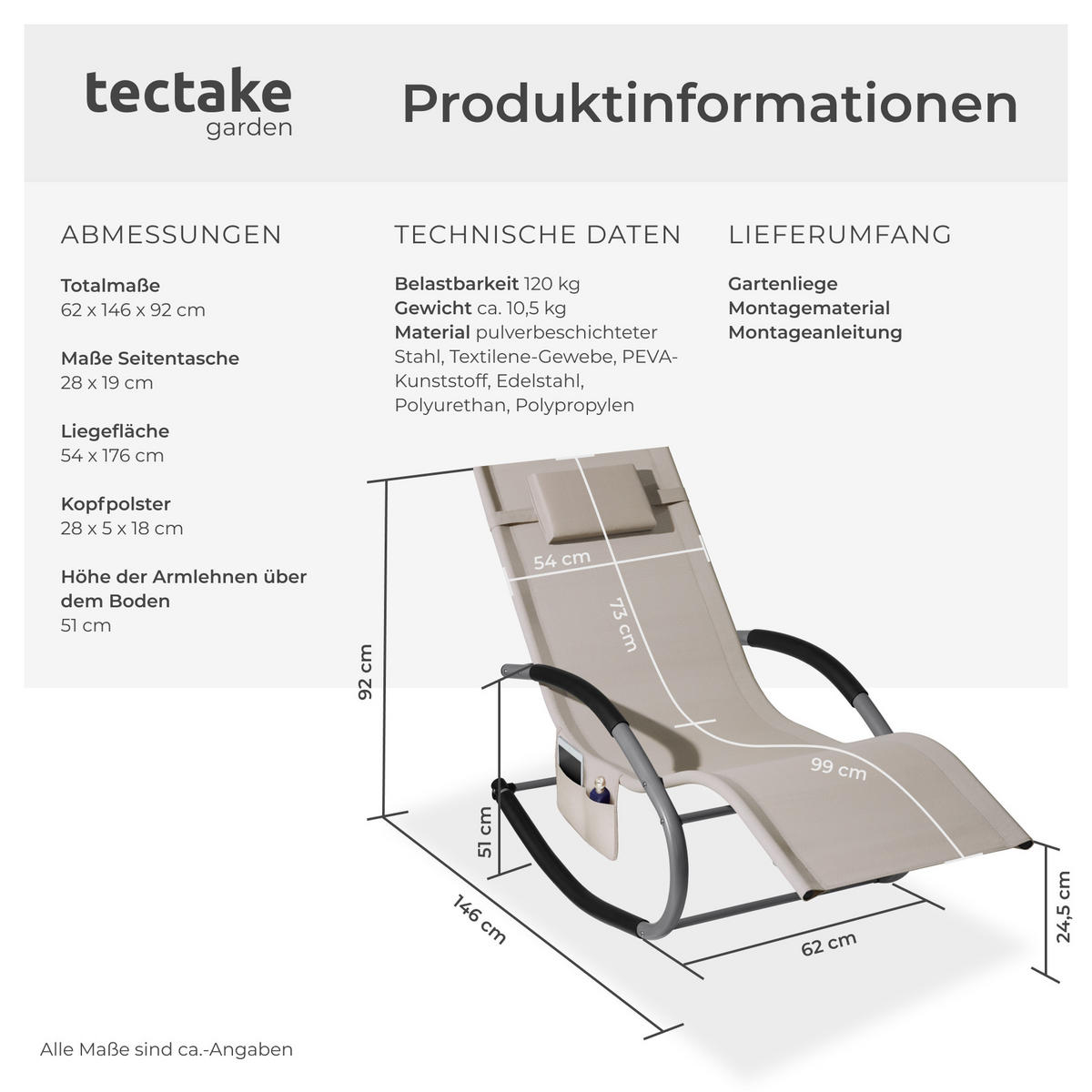 GARTENLIEGE Taya,abnehmbares Kopfpolster, seitliche Aufbewahrungstasche,beige - Beige, Kunststoff (62/92/142cm) - tectake