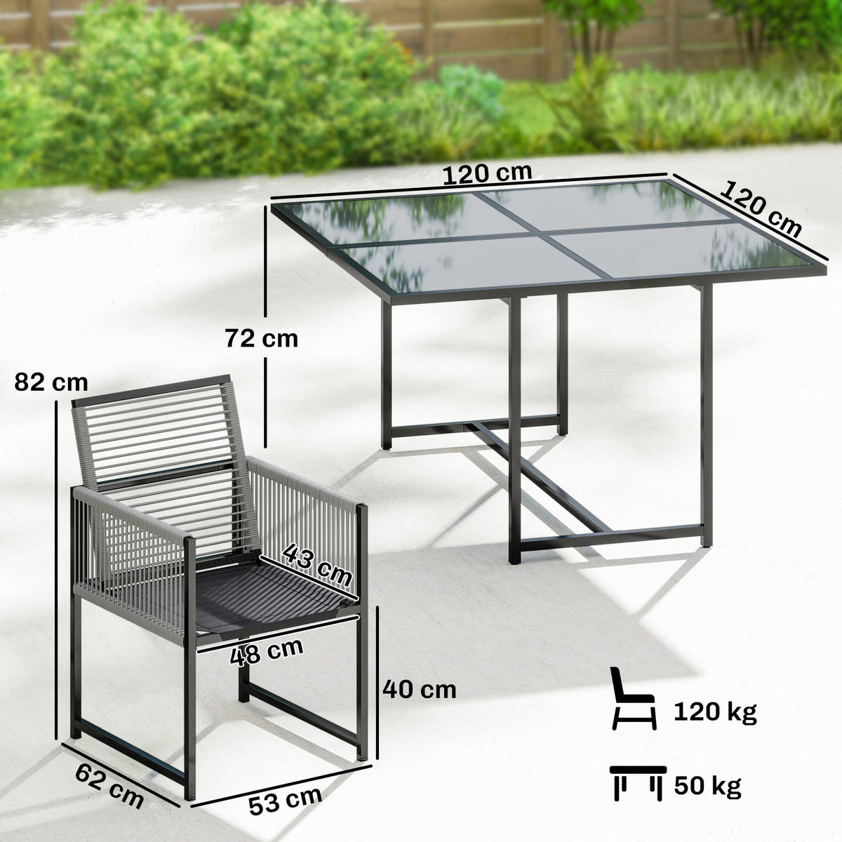 GARTENMÖBEL-SET Hellgrau 120.0/120.0/72.0cm - Hellgrau, Metall