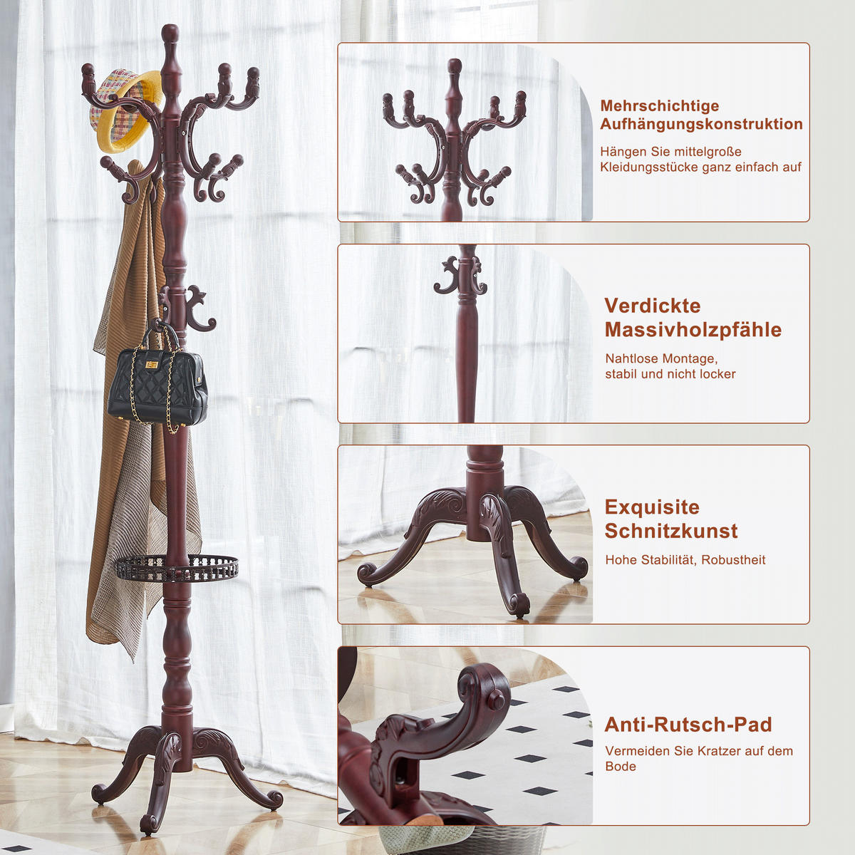 GARDEROBENSTÄNDER massivholz nussbaumfarben mit regenschirmhalter und mehrstöckigen haken - Walnussfarben, Holz (50/195/50cm) - Urban Meuble